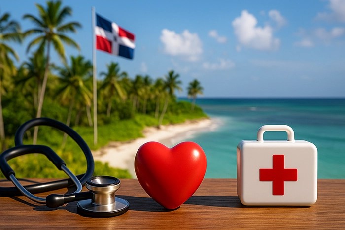 Healthcare symbols on a tropical beach in the Dominican Republic, with flag, heart, and first aid kit