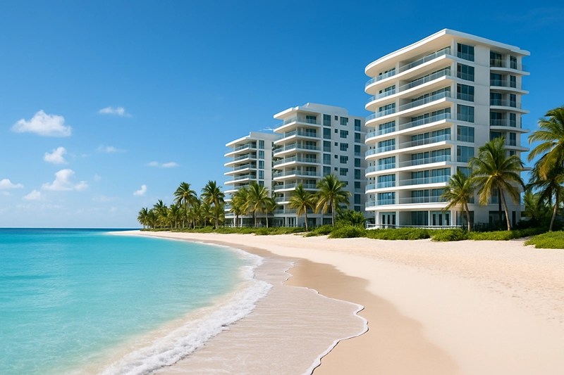 beachfront condo building on white sand beach in punta cana